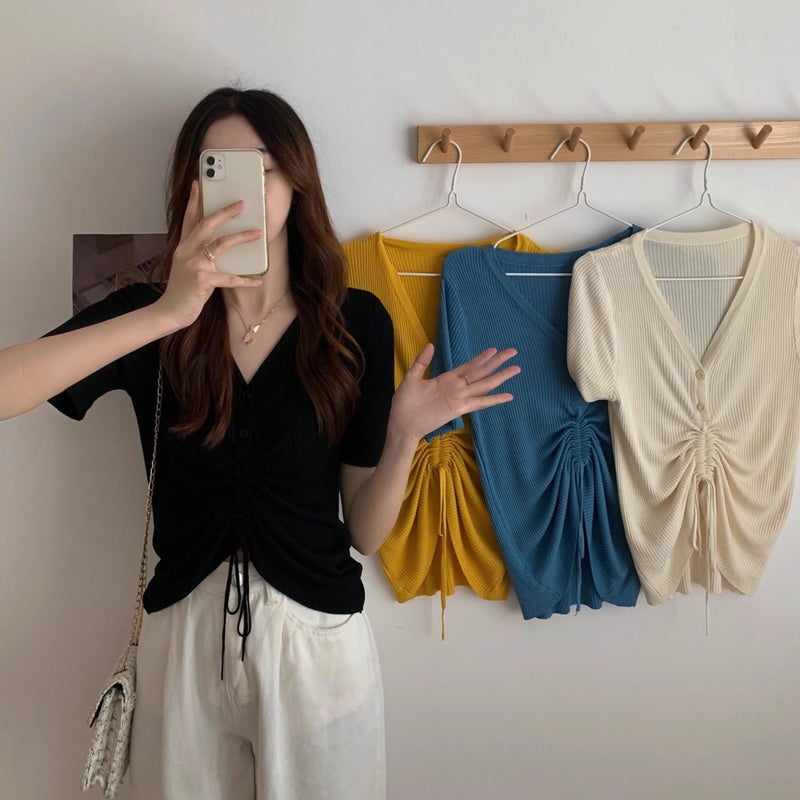 Mid-Drawstring Top for Women, Summer V-Neck Niche Design T-Shirt, Versatile Slimming Look Short-Sleeved Thin Ice Silk Knitwear - Image 5
