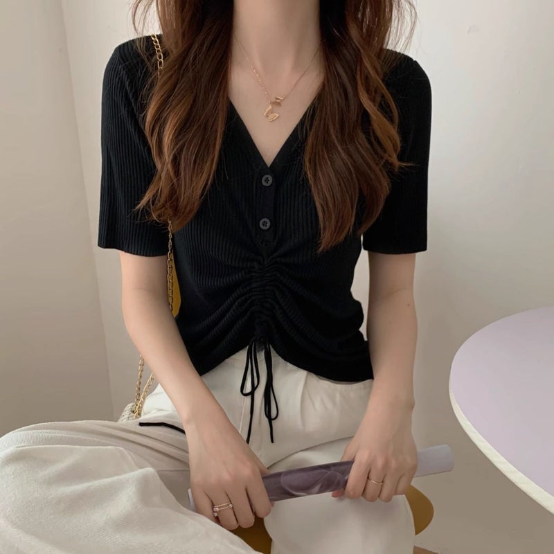 Mid-Drawstring Top for Women, Summer V-Neck Niche Design T-Shirt, Versatile Slimming Look Short-Sleeved Thin Ice Silk Knitwear - Image 2