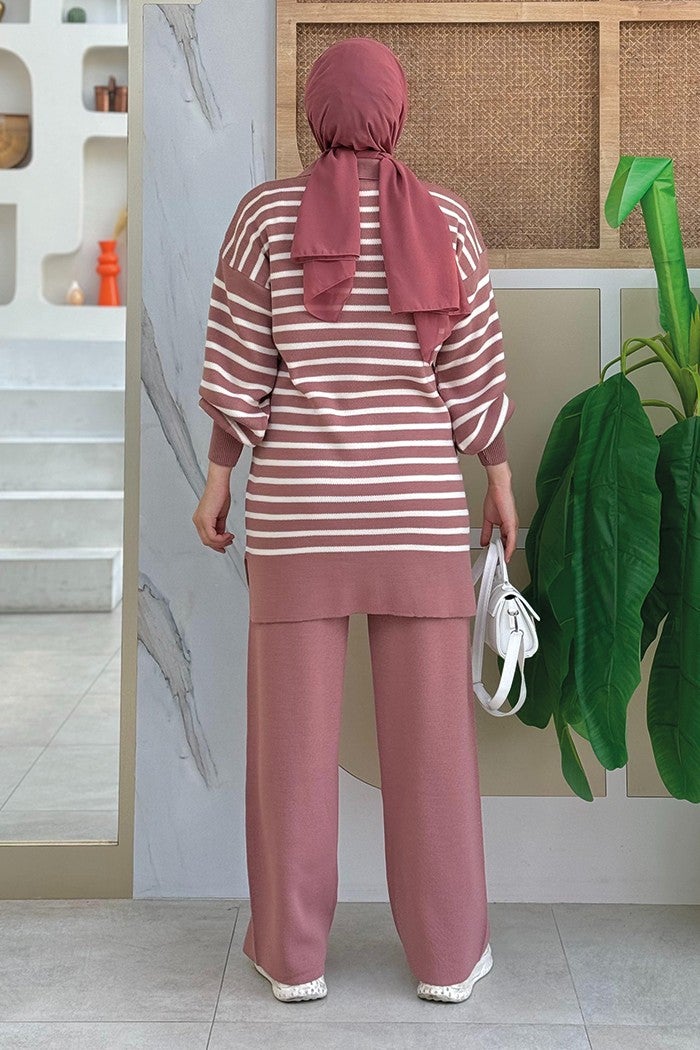Bym Fashion Collar Tie Detailed Tunic and Trousers Double Knitwear Set 2-1515 Dusty Rose  - Image 2