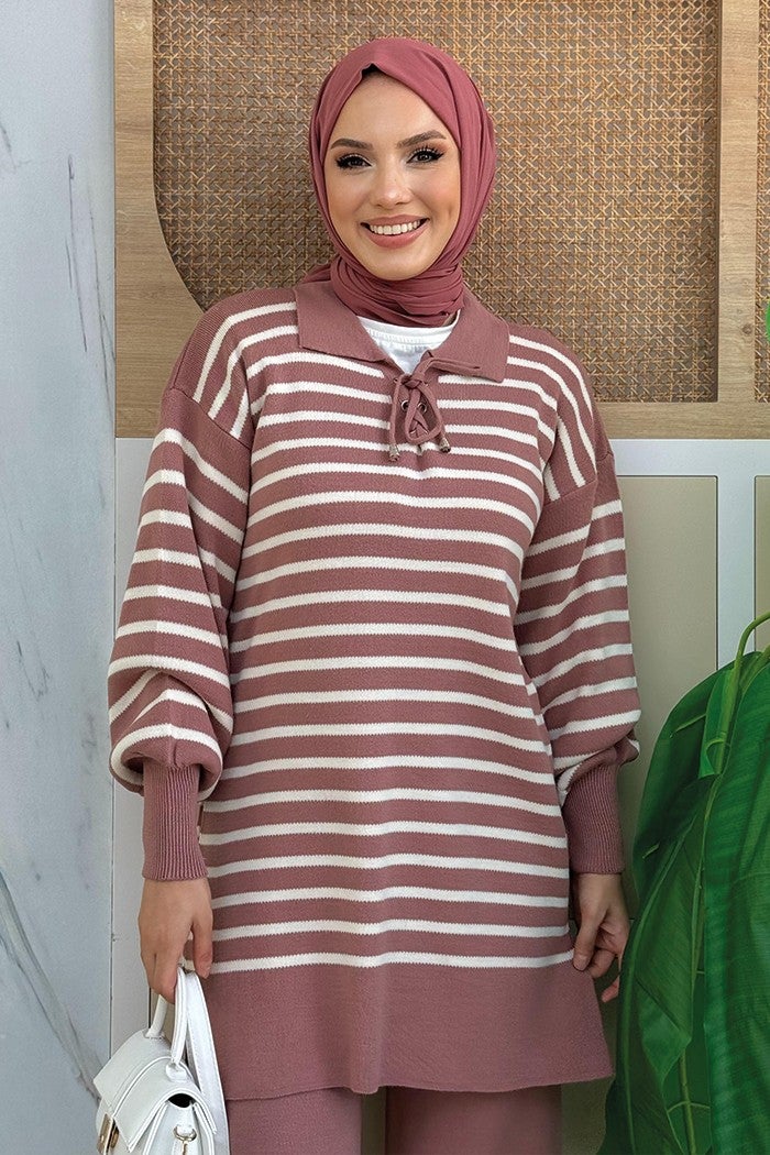 Bym Fashion Collar Tie Detailed Tunic and Trousers Double Knitwear Set 2-1515 Dusty Rose  - Image 4