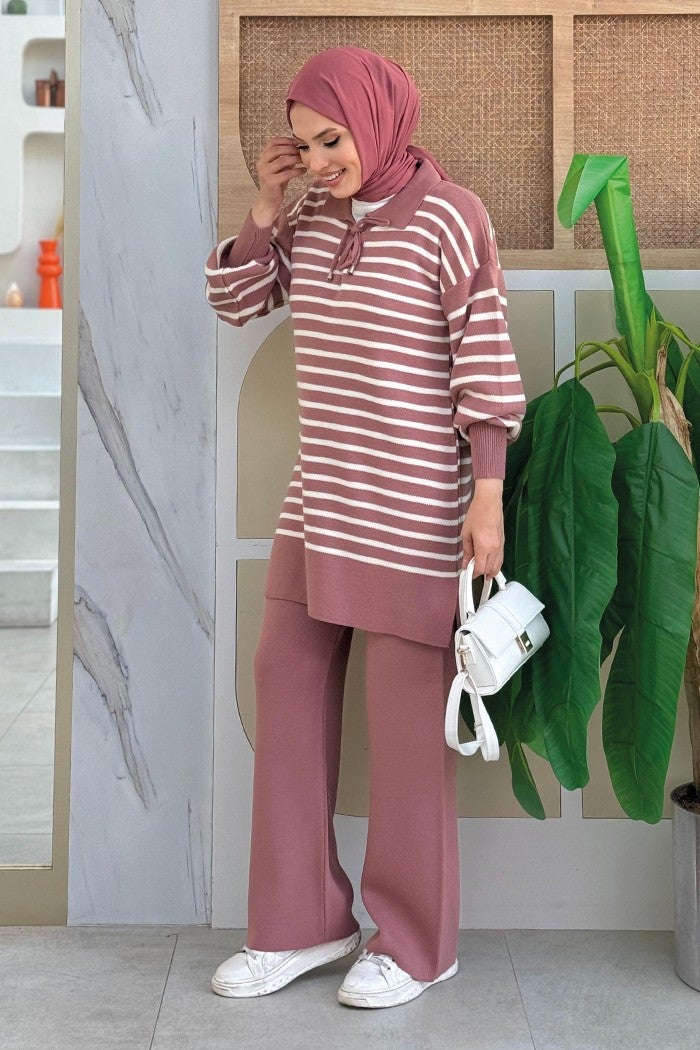 Bym Fashion Collar Tie Detailed Tunic and Trousers Double Knitwear Set 2-1515 Dusty Rose  - Image 3