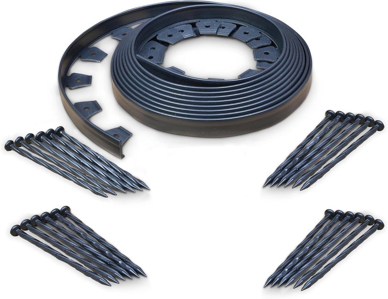 Easyflex No-Dig Landscape Edging with BONUS Anchoring Spikes, 1.5 in. Tall Straight Top Plastic Garden Border, 40 Foot Kit, Black (3000-40CXX) - Image 1