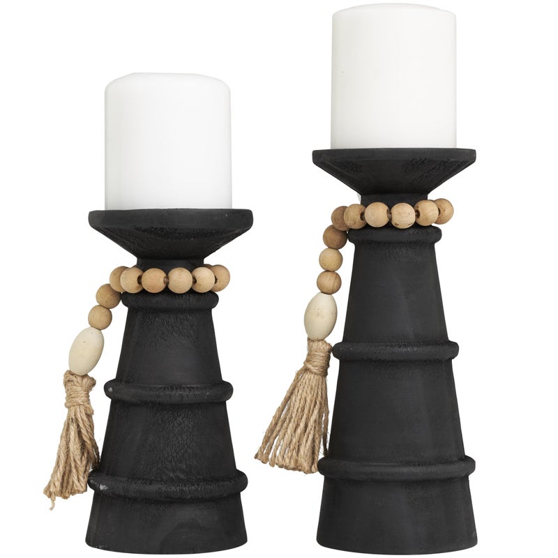 Deco 79 Wood Handmade Decorative Candle Holder Textured Matte Candle Stand with Beaded Garland Accent, Set of 2 Candlestick Holder 10", 8" H, Black - Image 1