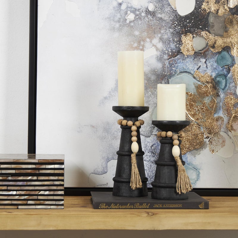 Deco 79 Wood Handmade Decorative Candle Holder Textured Matte Candle Stand with Beaded Garland Accent, Set of 2 Candlestick Holder 10", 8" H, Black - Image 5