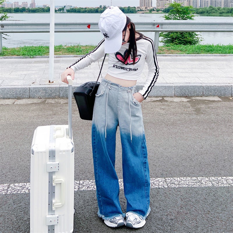 Girls' Gradient Color Jeans Autumn Long Pants For Older Children Korean Style Casual Wide-Leg Pants Trendy Style - Image 2
