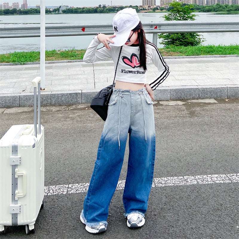 Girls' Gradient Color Jeans Autumn Long Pants For Older Children Korean Style Casual Wide-Leg Pants Trendy Style - Image 5