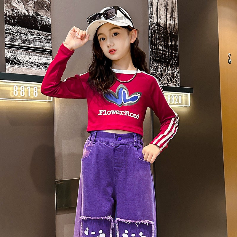 Girls' Gradient Color Jeans Autumn Long Pants For Older Children Korean Style Casual Wide-Leg Pants Trendy Style - Image 1