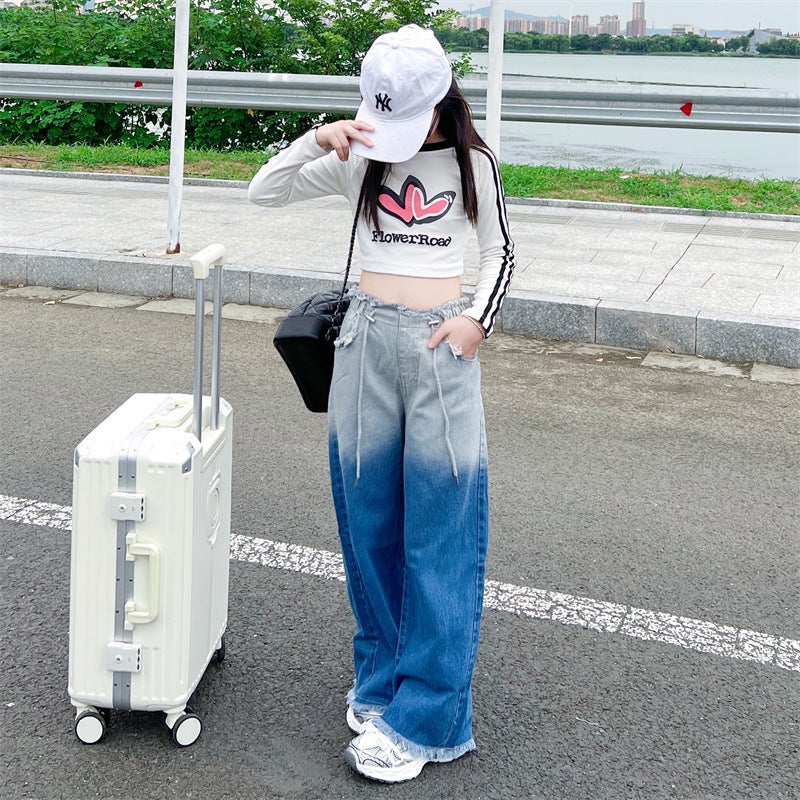Girls' Gradient Color Jeans Autumn Long Pants For Older Children Korean Style Casual Wide-Leg Pants Trendy Style - Image 3