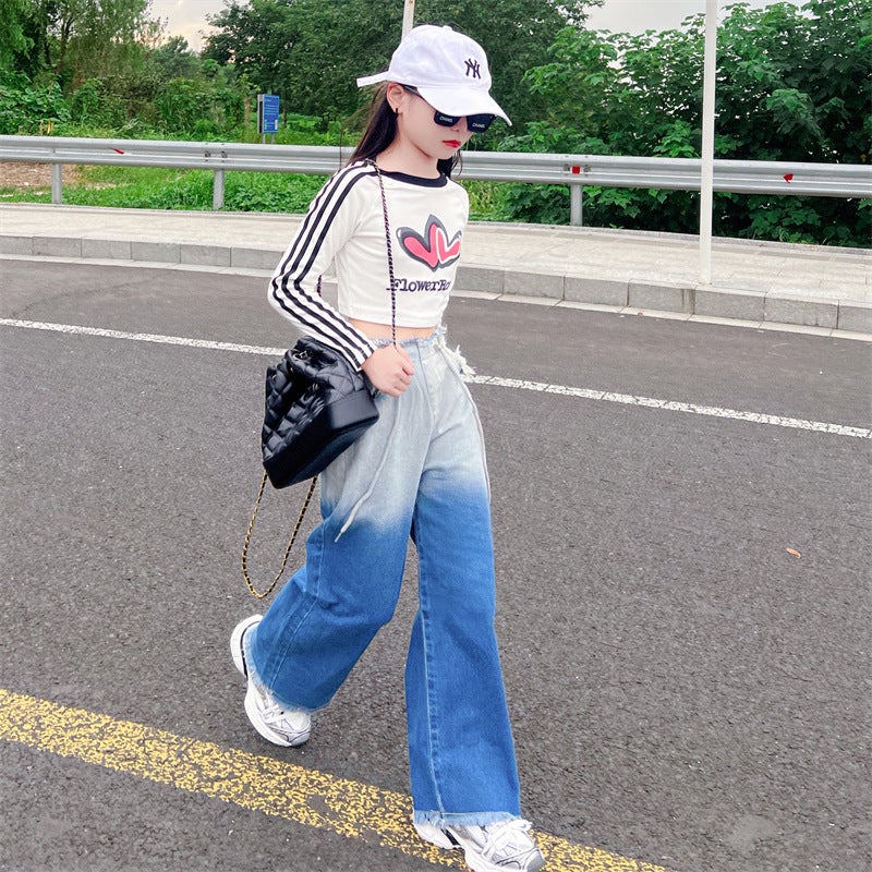 Girls' Gradient Color Jeans Autumn Long Pants For Older Children Korean Style Casual Wide-Leg Pants Trendy Style - Image 4