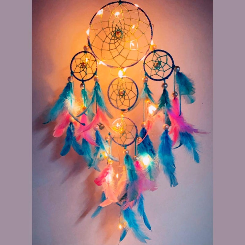 ROOH rooh Wool Dream Catcher Pastel 4 Tier with Pretty Lights Handmade Hangings for Positivity Can Be Used As Home Decor Gift Christmas Xmas Wall Hangings Wind Chime Feather Car Hanging Multi  - Image 1