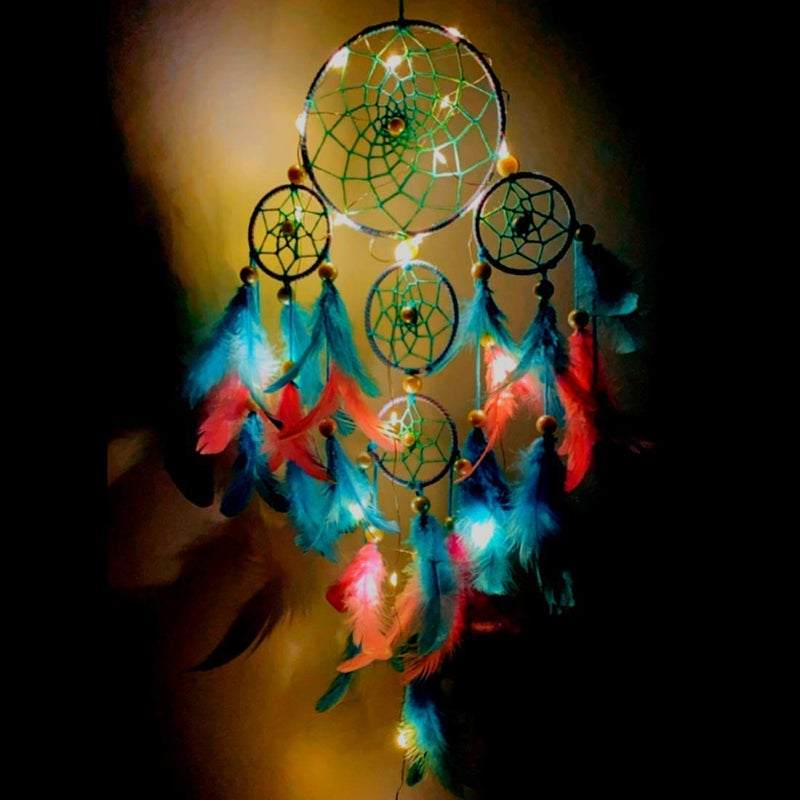 ROOH rooh Wool Dream Catcher Pastel 4 Tier with Pretty Lights Handmade Hangings for Positivity Can Be Used As Home Decor Gift Christmas Xmas Wall Hangings Wind Chime Feather Car Hanging Multi  - Image 5