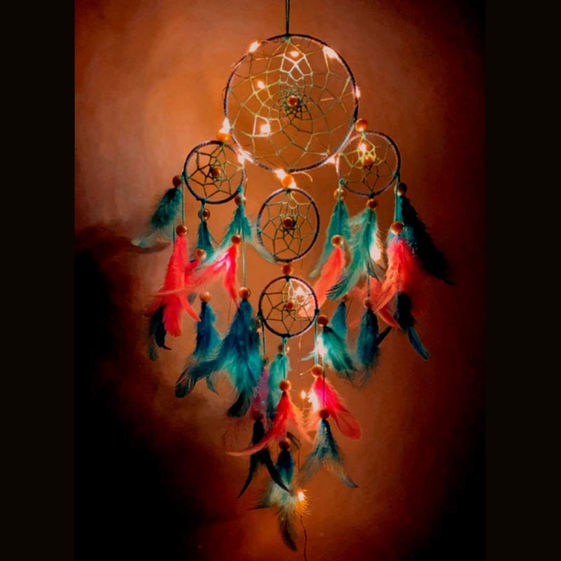 ROOH rooh Wool Dream Catcher Pastel 4 Tier with Pretty Lights Handmade Hangings for Positivity Can Be Used As Home Decor Gift Christmas Xmas Wall Hangings Wind Chime Feather Car Hanging Multi  - Image 2