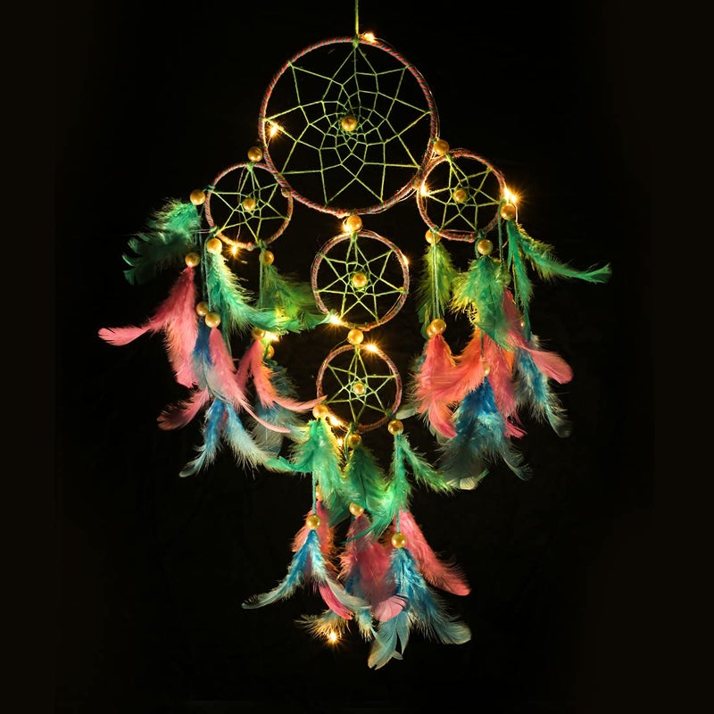 ROOH rooh Wool Dream Catcher Pastel 4 Tier with Pretty Lights Handmade Hangings for Positivity Can Be Used As Home Decor Gift Christmas Xmas Wall Hangings Wind Chime Feather Car Hanging Multi  - Image 4