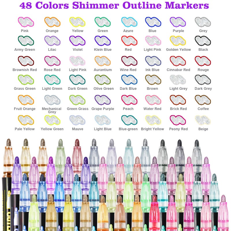 KOUSICOO Glitter Markers Outline Pens Metallic: 48 Double Line Outline Markers,Self Outlining Glitter Pens Adult Coloring Gel Sparkle Outliner Shimmer,Teen Gifts Drawing Art Supplies Craft Cool Fun Magic Stuff - Image 2