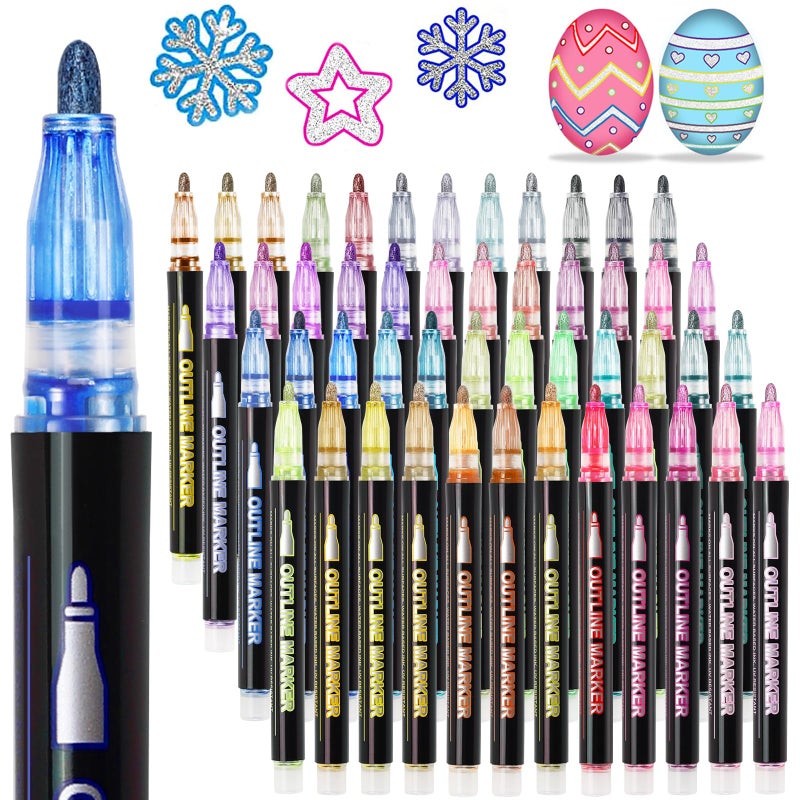 KOUSICOO Glitter Markers Outline Pens Metallic: 48 Double Line Outline Markers,Self Outlining Glitter Pens Adult Coloring Gel Sparkle Outliner Shimmer,Teen Gifts Drawing Art Supplies Craft Cool Fun Magic Stuff - Image 1