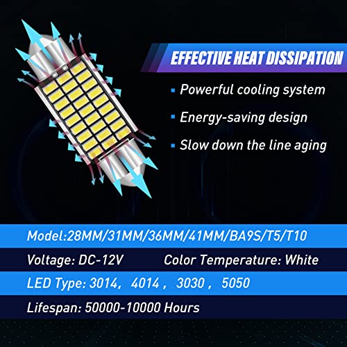 Tallew 42 Pieces Interior Car LED Dome Interior Light 28/31 /36 /41mm Ba9s T5 T10 Bulb Kit LED Light for Car Interiors Map Dome Trunk Cargo Door Courtesy License Plate(White) - Image 3