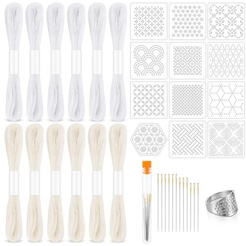 Booson 37 Pcs Sashiko Thread Kit Sashiko Needles Cotton Thimble Sashiko Patterns Embroidery Projects for Sewing Hand Quilting Mending Supplies - Image 1