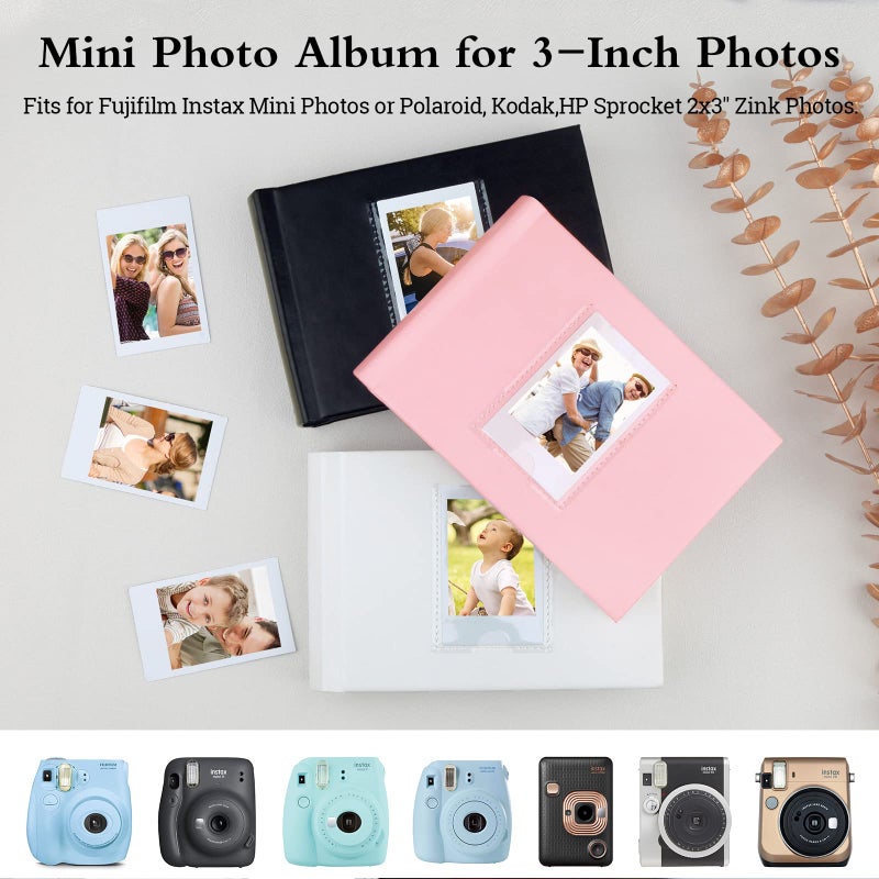 فيسيفول ألبوم Photo Veicevol مع مساحة الكتابة لـ Fujifilm Instax Mini 12 11 9 40 90 8 7 Evo Liplay Camera 64 Pockets Photo Album for Polaroid Leather Cover Handmade Paper 2x3 Photo Photo (Pink) - Image 3