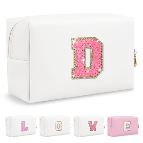 ChaoGreat Small Personalized Initial A-Z Patch Makeup Bag,White Cute PU Leather Glitter Letter Cosmetic Bag for Teen Girls,Travel Toiletry Bag with Zipper,Preppy Monogrammed Birthday Gift for Daughter Niece D - Image 1