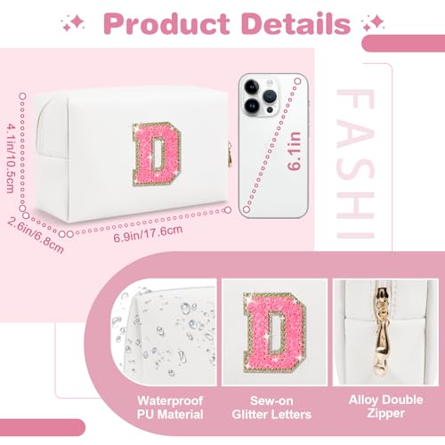 ChaoGreat Small Personalized Initial A-Z Patch Makeup Bag,White Cute PU Leather Glitter Letter Cosmetic Bag for Teen Girls,Travel Toiletry Bag with Zipper,Preppy Monogrammed Birthday Gift for Daughter Niece D - Image 2