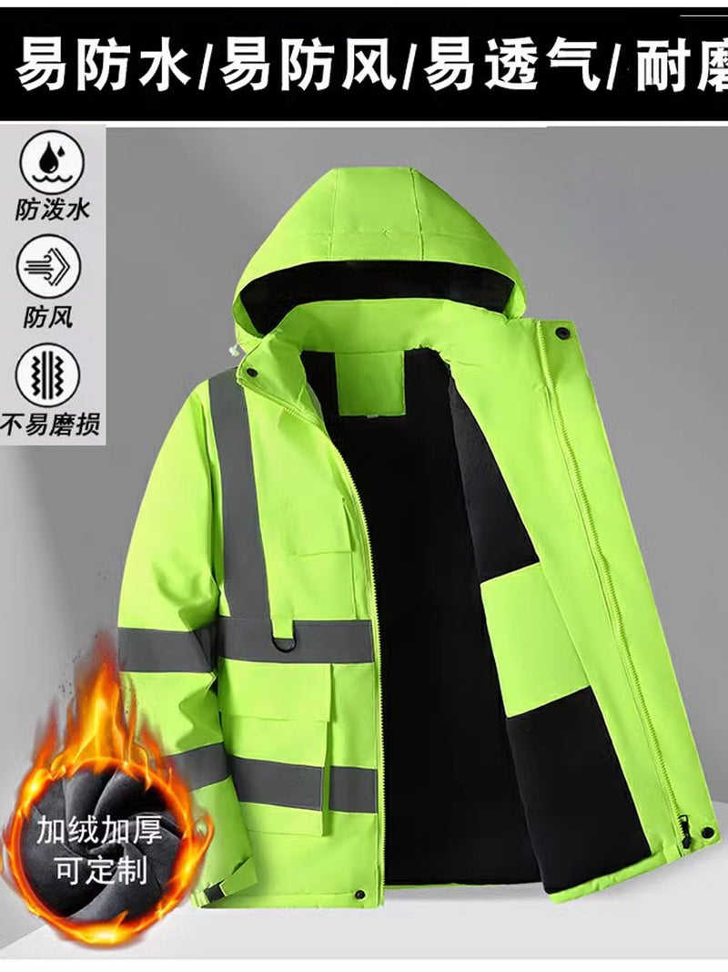 Fluorescent Green Reflective Hooded Cotton Jacket, Winter Warm Multi-Pocket Corduroy Cotton Coat, Thickened Oxford Cloth Waterproof Jacket - Image 1