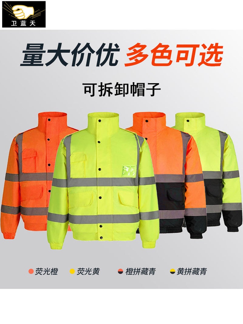 Fluorescent Green Reflective Hooded Cotton Jacket, Winter Warm Multi-Pocket Corduroy Cotton Coat, Thickened Oxford Cloth Waterproof Jacket - Image 4