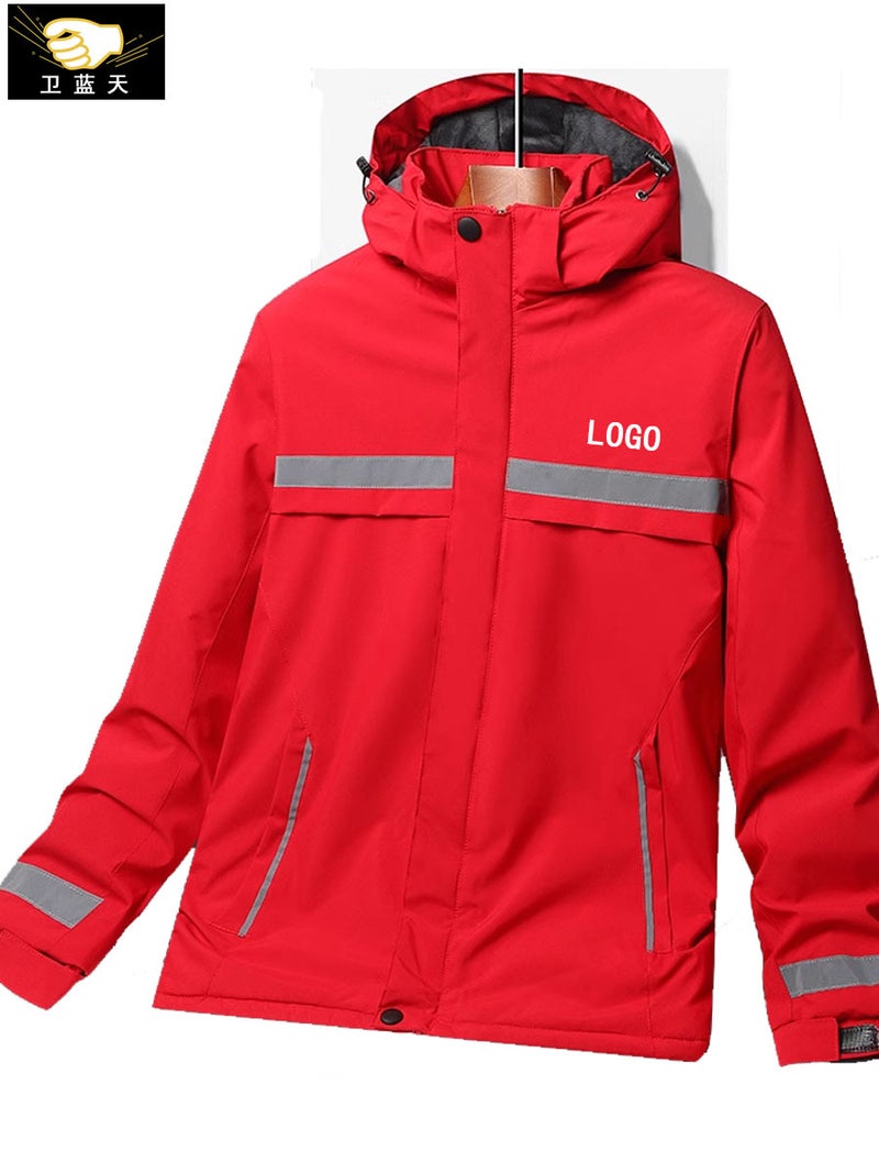 Fluorescent Green Reflective Hooded Cotton Jacket, Winter Warm Multi-Pocket Corduroy Cotton Coat, Thickened Oxford Cloth Waterproof Jacket - Image 5