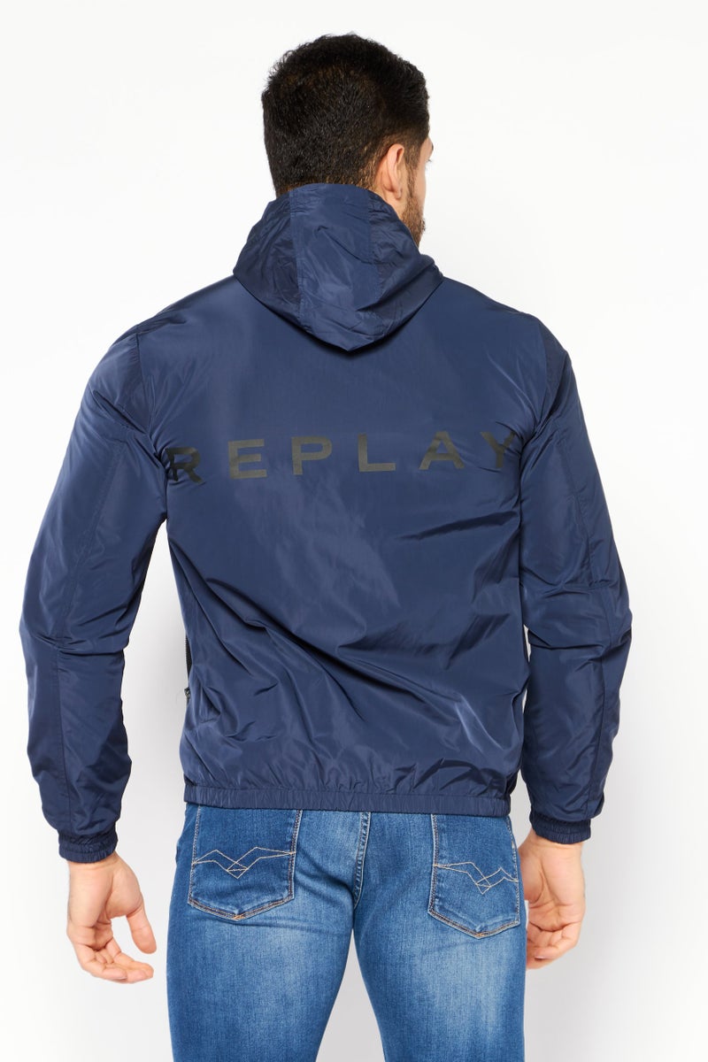 Replay Men Hooded Brand Logo Windbreaker Jacket, Navy Blue - Image 4