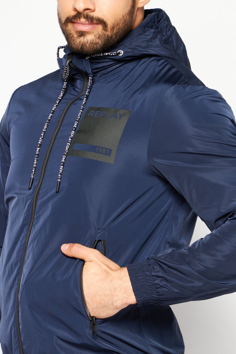 Replay Men Hooded Brand Logo Windbreaker Jacket, Navy Blue - Image 3