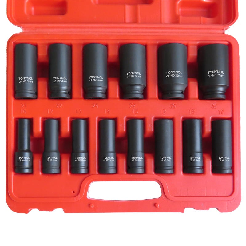 TONYNOL 12 Inch Deep Drive Impact Socket Set6PointMetric 10mm32mm14 PcsCrMo SteelWith a Storage Case