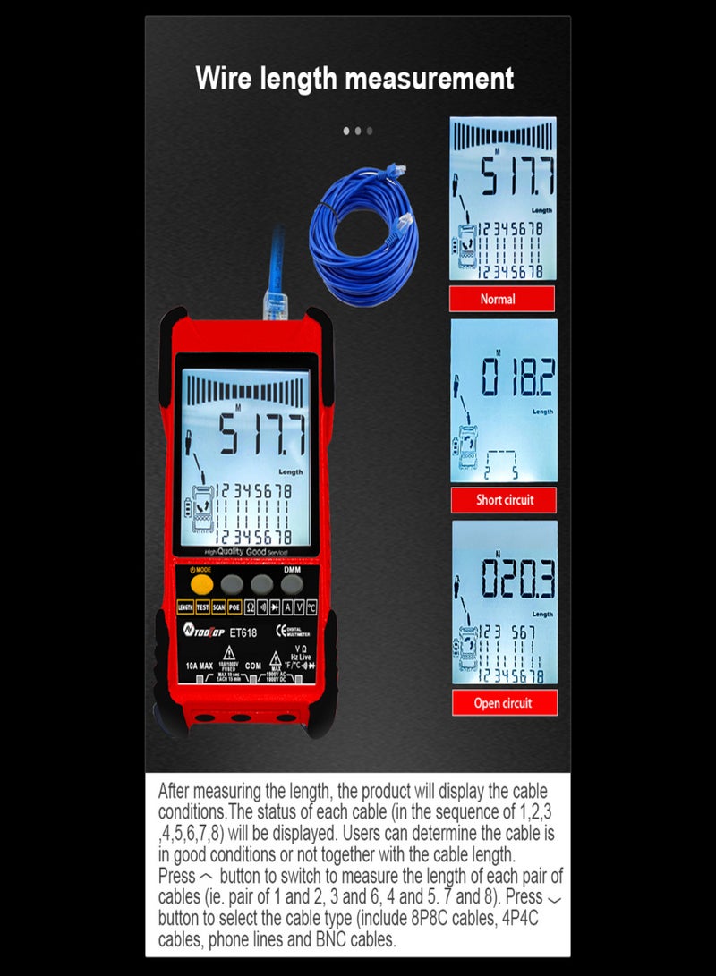 جهاز اختبار الكابلات المحمول ET618 بشاشة LCD، نظائر رقمية، بحث، اختبار POE، حساسية اقتران الكابل، طول كابل الشبكة القابل للتعديل، قياس الدائرة المفتوحة القصيرة، أجهزة التتبع، جهاز اختبار الكابلات متعدد الوظائف - Image 4