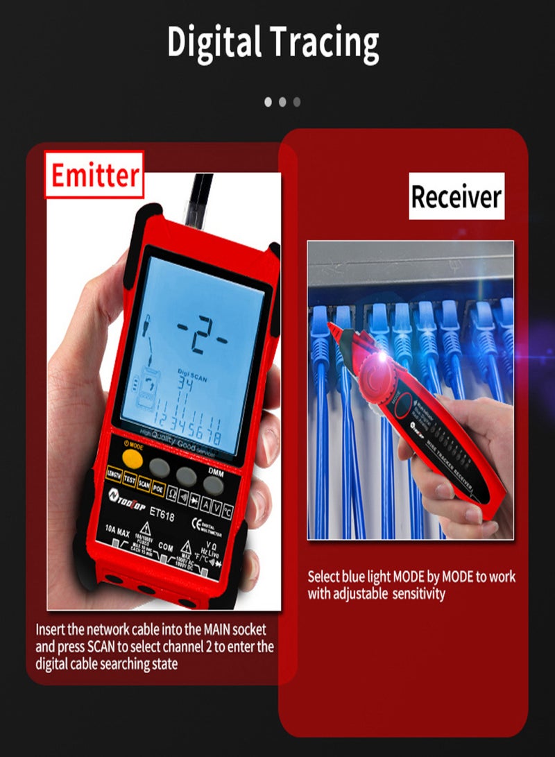 جهاز اختبار الكابلات المحمول ET618 بشاشة LCD، نظائر رقمية، بحث، اختبار POE، حساسية اقتران الكابل، طول كابل الشبكة القابل للتعديل، قياس الدائرة المفتوحة القصيرة، أجهزة التتبع، جهاز اختبار الكابلات متعدد الوظائف - Image 2