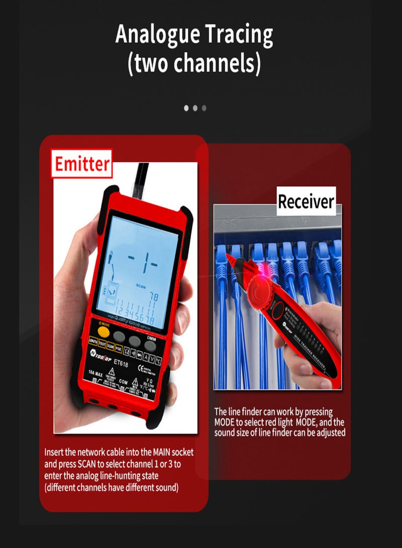 جهاز اختبار الكابلات المحمول ET618 بشاشة LCD، نظائر رقمية، بحث، اختبار POE، حساسية اقتران الكابل، طول كابل الشبكة القابل للتعديل، قياس الدائرة المفتوحة القصيرة، أجهزة التتبع، جهاز اختبار الكابلات متعدد الوظائف - Image 3