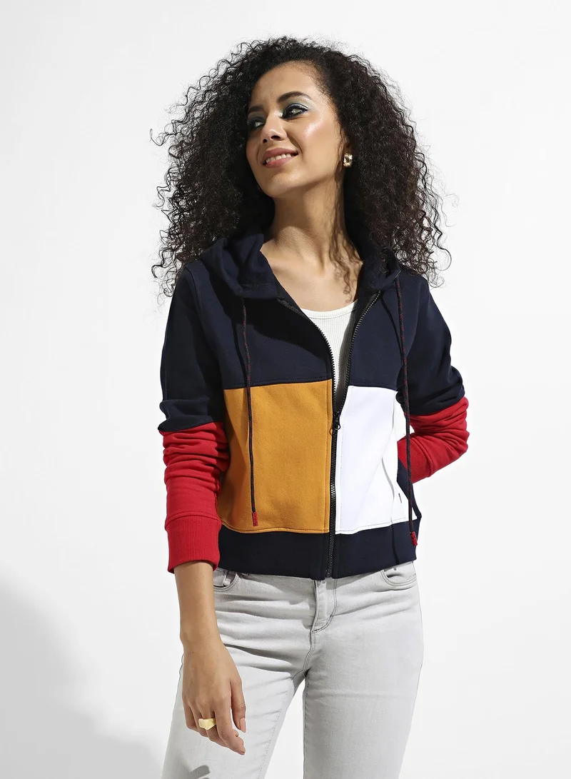 Women's Multicolour Colourblock Hoodie With Zip Closure
