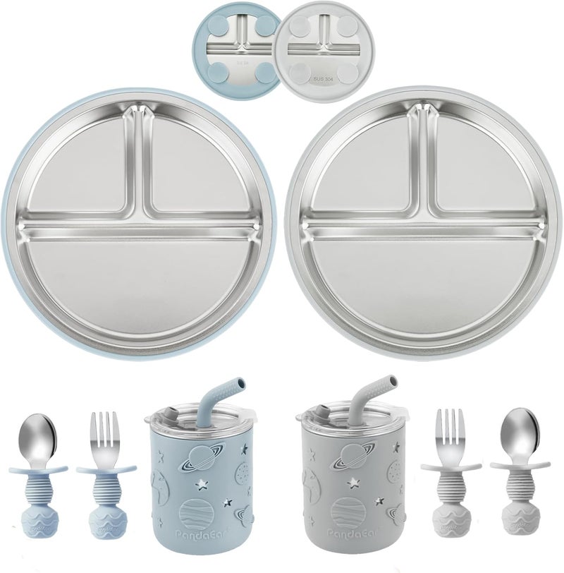 PandaEar Stainless Steel Baby Feeding Set | 2 Divided Suction Plates, 2 Spill-Proof Straw Cups with Silicone Sleeves, 2 Forks & 2 Spoons | Toddler Utensils for Baby Led Weaning, BPA-Free (Blue & Grey) - Image 1