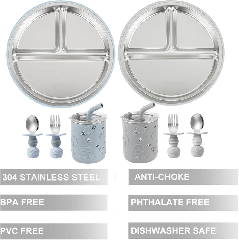 PandaEar Stainless Steel Baby Feeding Set | 2 Divided Suction Plates, 2 Spill-Proof Straw Cups with Silicone Sleeves, 2 Forks & 2 Spoons | Toddler Utensils for Baby Led Weaning, BPA-Free (Blue & Grey) - Image 3