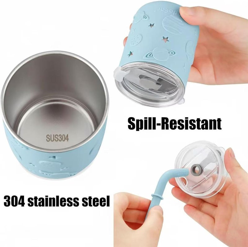 PandaEar Stainless Steel Baby Feeding Set | 2 Divided Suction Plates, 2 Spill-Proof Straw Cups with Silicone Sleeves, 2 Forks & 2 Spoons | Toddler Utensils for Baby Led Weaning, BPA-Free (Blue & Grey) - Image 5