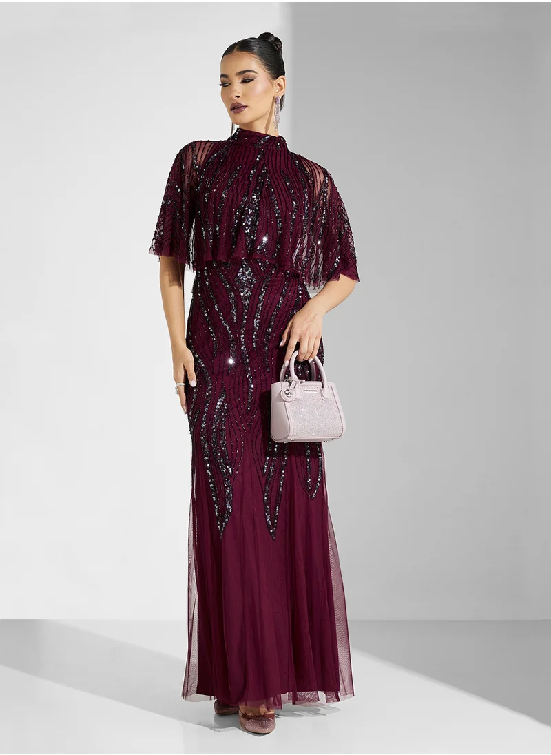 اميليا روز Embellished Flared Sleeve Maxi Dress