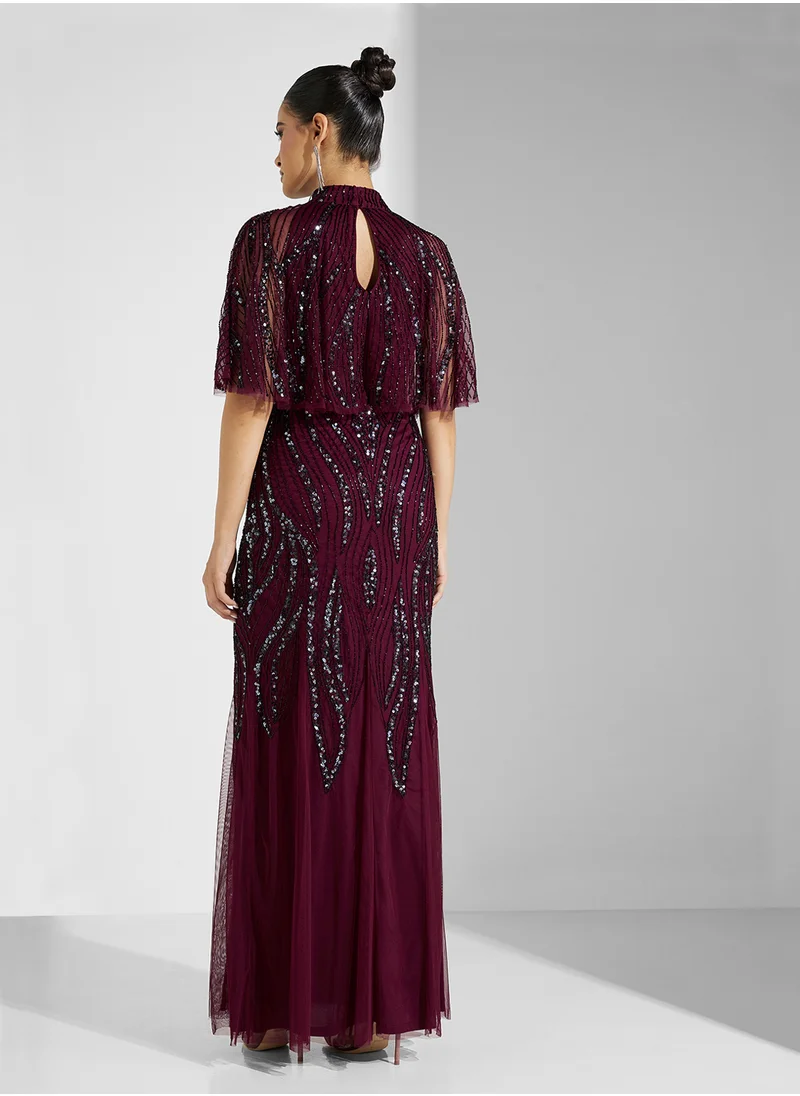 اميليا روز Embellished Flared Sleeve Maxi Dress