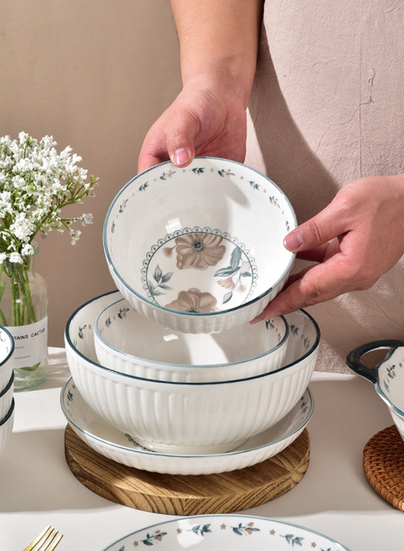 طقم أدوات مائدة سيراميك مزخرف بنقشة زهور، مكون من 18 قطعة، لأربعة أشخاص، يتضمن 4 أوعية، 4 أطباق، 4 ملاعق، 4 عيدان طعام، وعاء حساء واحد وملعقة حساء واحدة، بنقشة زهور عتيقة، آمن للاستخدام في الميكروويف، مثالي لتناول الطعام في المنزل، هدية بمناسبة الانتقال إلى منزل جديد، أدوات مائدة للمطبخ - Image 3