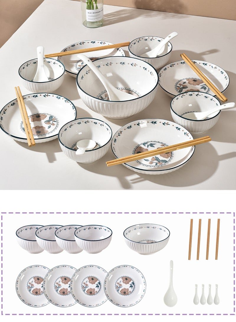 طقم أدوات مائدة سيراميك مزخرف بنقشة زهور، مكون من 18 قطعة، لأربعة أشخاص، يتضمن 4 أوعية، 4 أطباق، 4 ملاعق، 4 عيدان طعام، وعاء حساء واحد وملعقة حساء واحدة، بنقشة زهور عتيقة، آمن للاستخدام في الميكروويف، مثالي لتناول الطعام في المنزل، هدية بمناسبة الانتقال إلى منزل جديد، أدوات مائدة للمطبخ - Image 1