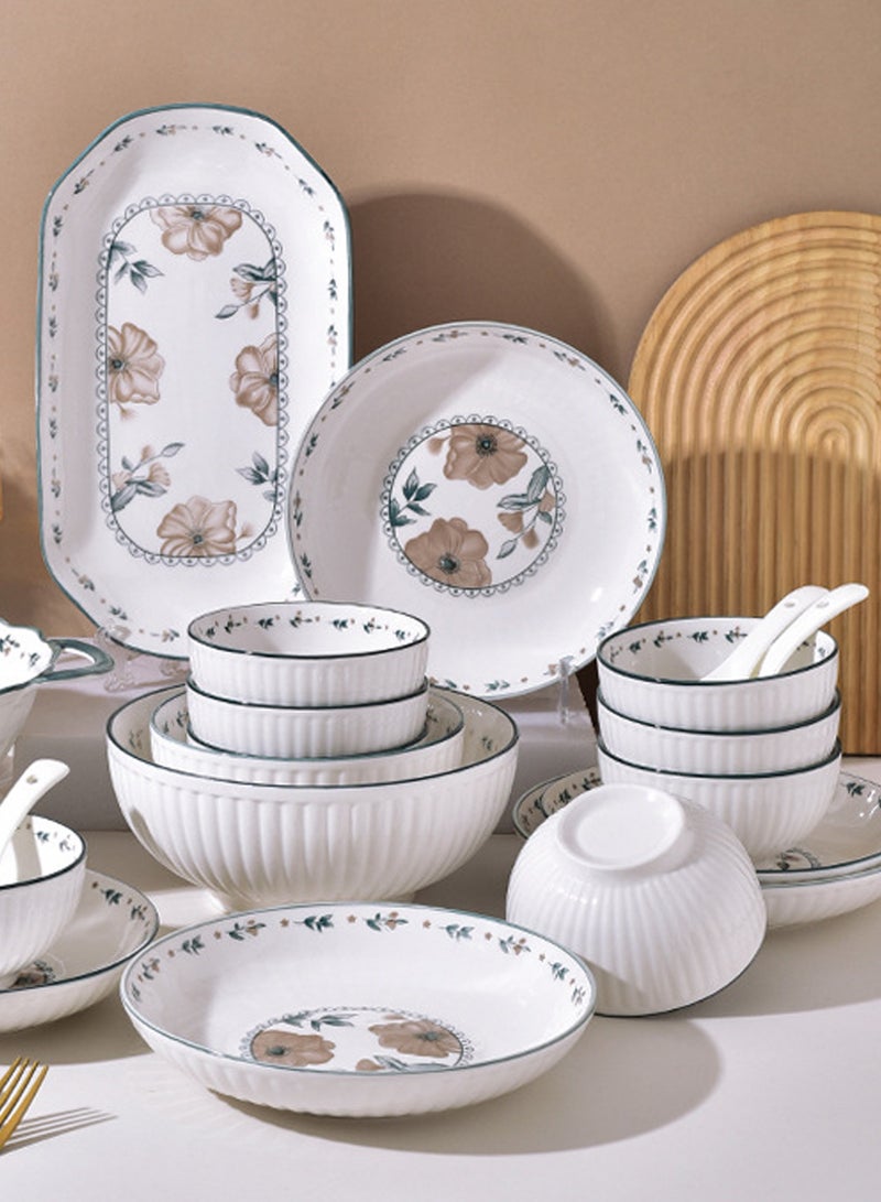 طقم أدوات مائدة سيراميك مزخرف بنقشة زهور، مكون من 18 قطعة، لأربعة أشخاص، يتضمن 4 أوعية، 4 أطباق، 4 ملاعق، 4 عيدان طعام، وعاء حساء واحد وملعقة حساء واحدة، بنقشة زهور عتيقة، آمن للاستخدام في الميكروويف، مثالي لتناول الطعام في المنزل، هدية بمناسبة الانتقال إلى منزل جديد، أدوات مائدة للمطبخ - Image 4