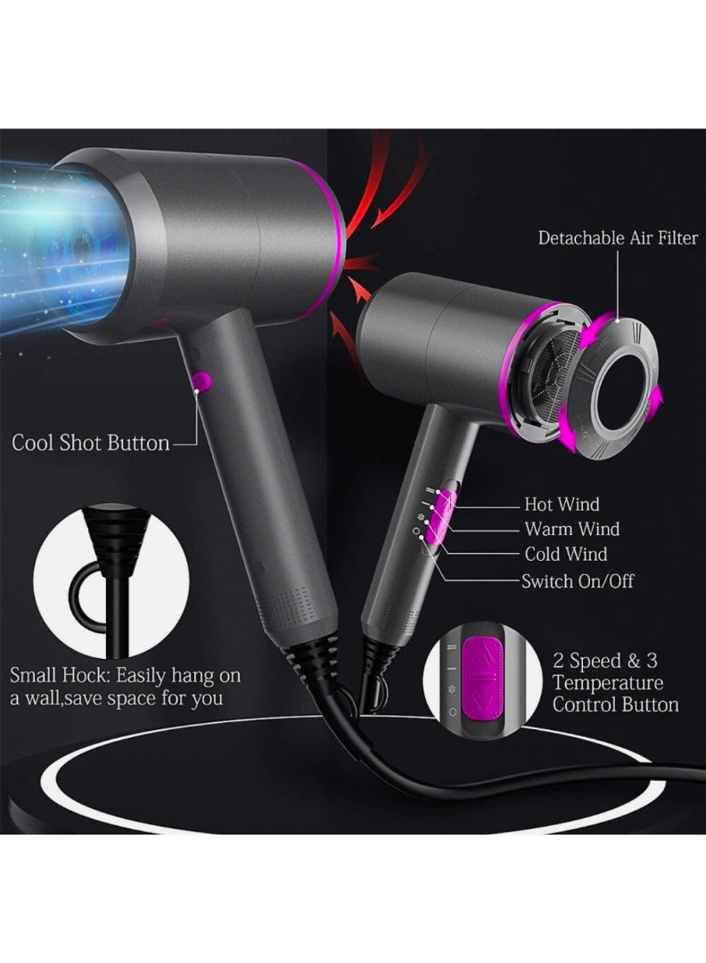 Professional Hair Dryer 1600W with Cool Shot, 2 Speed, 3 Temperature Settings, Detachable Filter