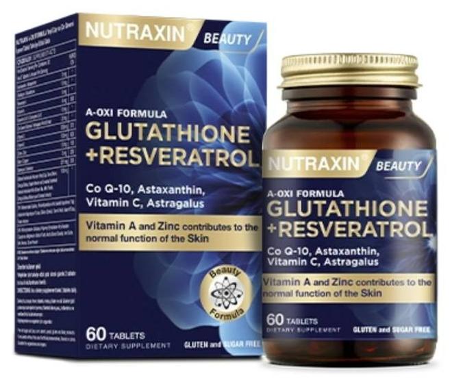 glutathione and resveratrol NUTRAXIN Nutraxin A-Oxi Formula – + Antioxidant Complex for Skin Radiance & Cellular Support, 60 Tablets | Best Price Kuwait Quantity:1 BOX Bioavailability IV versus oral capilary