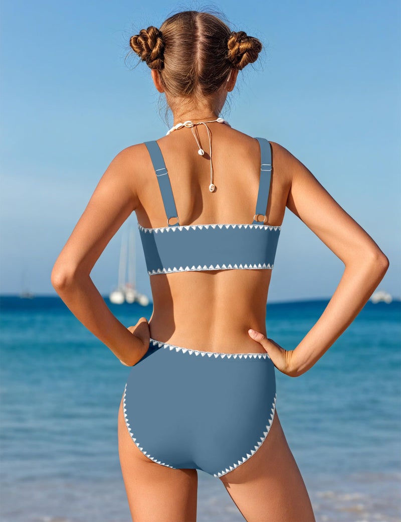 KANGKANG Girls Swimsuit Bikini Set, Teen Swimsuits for Girls 12-14 Solid Color V-Neck Two Piece Bathing Suit with Chest Pad Adjustable Straps Swimwear Set - Image 4
