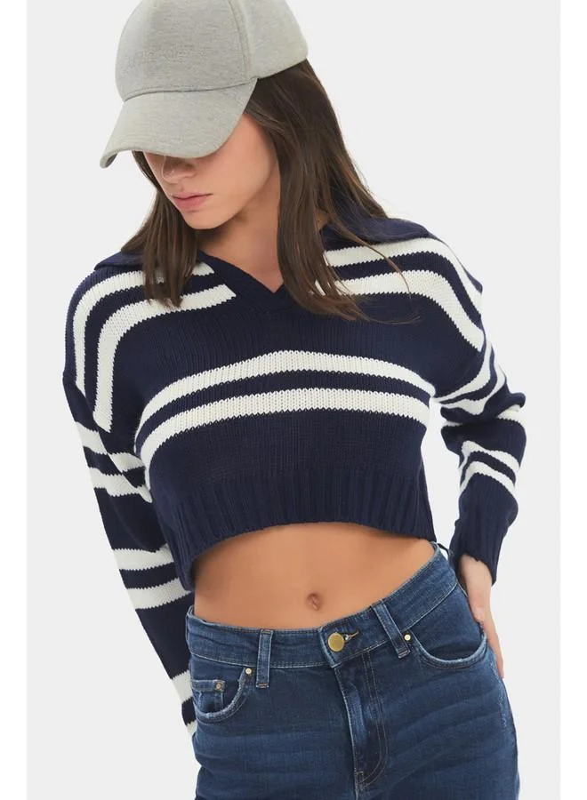 JUNE June Women Striped Collar Detailed Crop Sweater Navy