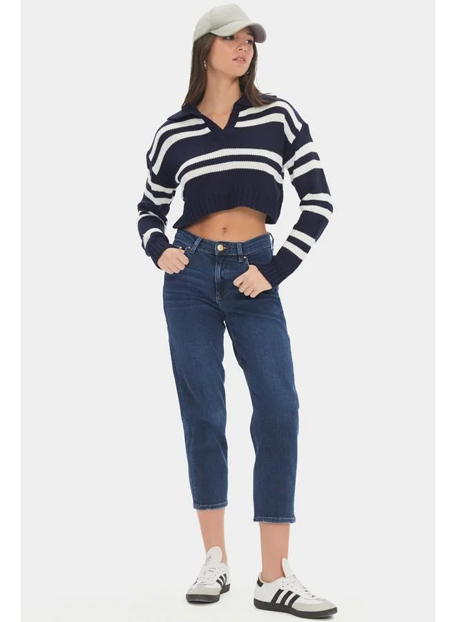 JUNE June Women Striped Collar Detailed Crop Sweater Navy