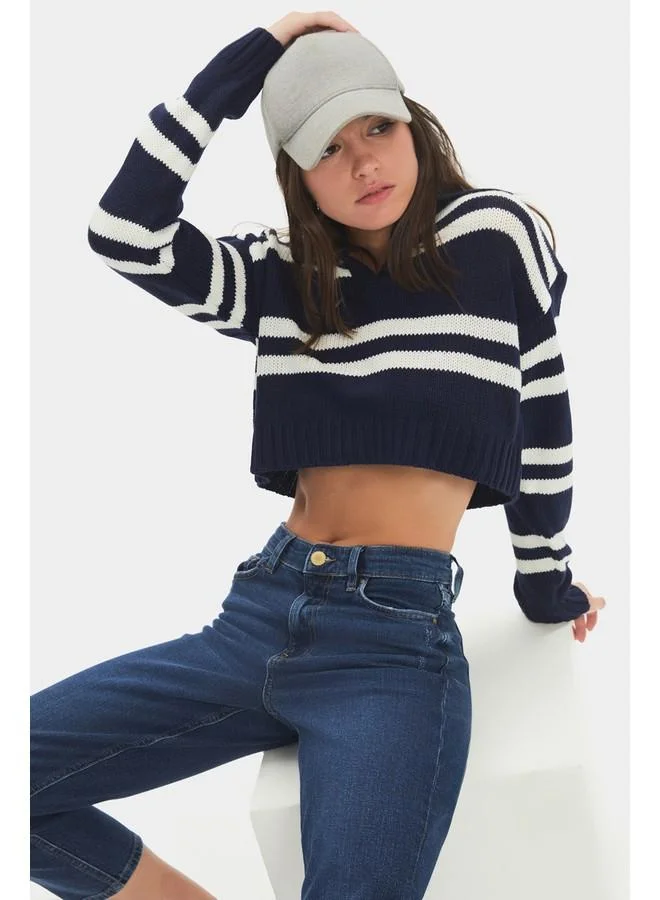 JUNE June Women Striped Collar Detailed Crop Sweater Navy
