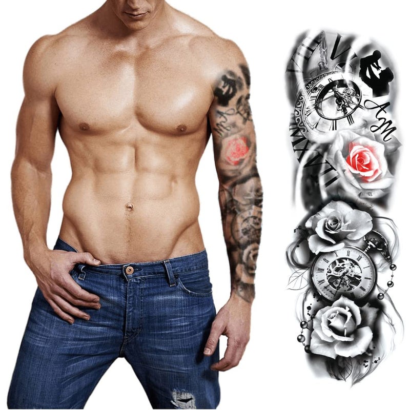 S.A.V.I Full Arm Tattoo, Full Sleeve Arm Tattoo For Men, Ancient Clock Rose Flower Tattoo For Girls Women, Temporary Tattoo Sticker, Size 48x17CM - Image 5