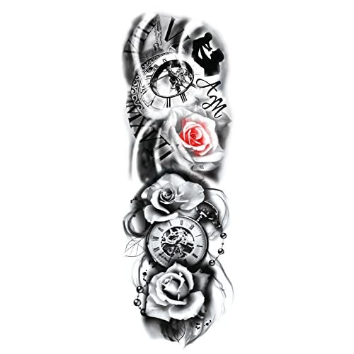 S.A.V.I Full Arm Tattoo, Full Sleeve Arm Tattoo For Men, Ancient Clock Rose Flower Tattoo For Girls Women, Temporary Tattoo Sticker, Size 48x17CM - Image 3